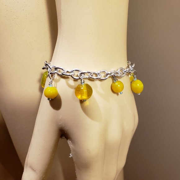 Yellow and blue beaded  handmade charm bracelet - Picture 2 of 2